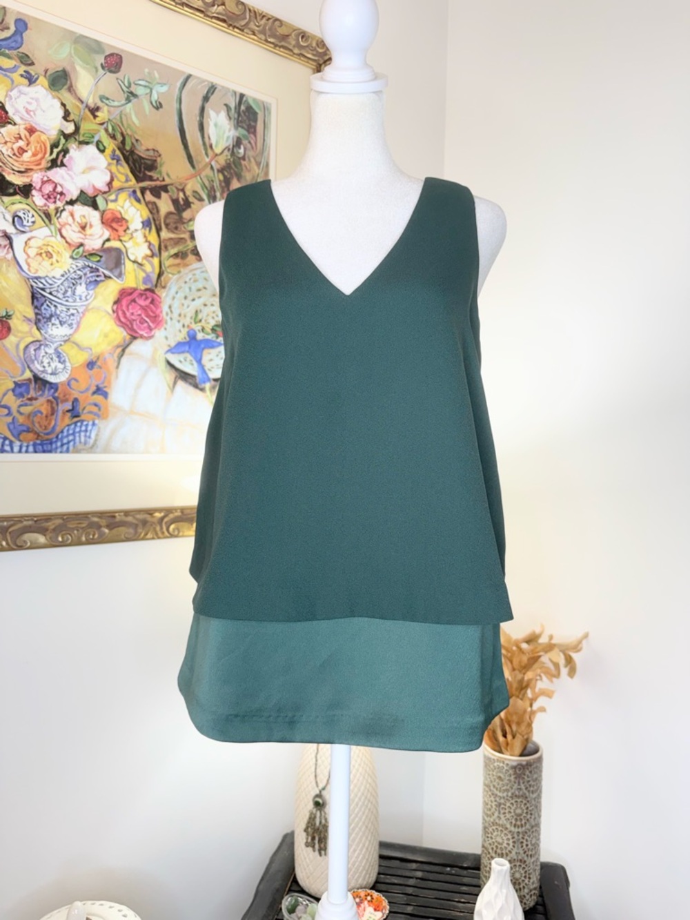 Banana Republic Green Blouse XS Sleeveless V Neck Layered Flow Top